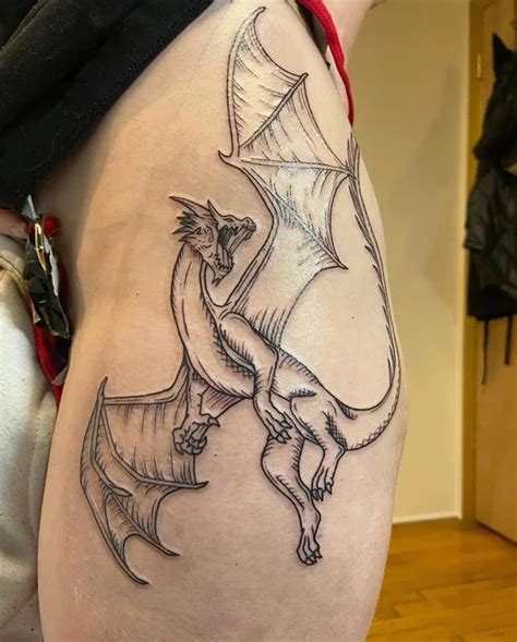 Beautiful Thigh Tattoo The Dragon Is A Popular And Powerful Design Worn By Both Women And Men And Although It Can Be Designed In Various Sizes The Detailing And Shading Involved