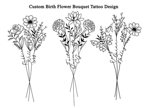 Birth Flower Bouquet With 3 Names Family Birth Month Tattoo Etsy