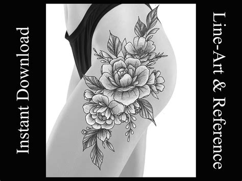Flowers Hip Thigh Tattoo Design Line Art And Reference Black Amp Grey
