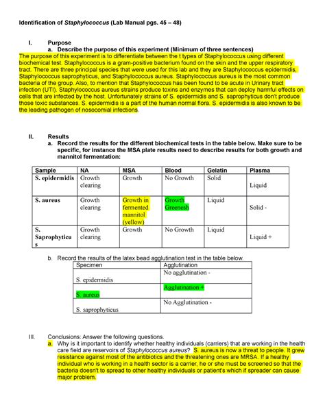 Identification Of Staphylococcus Report Identification Of Staphylococcus Lab Manual Pgs 45 48 Studocu