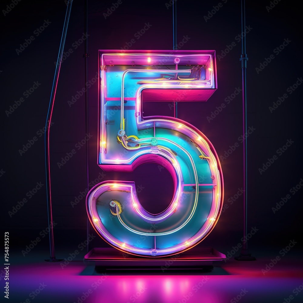 Number 5 Five Futuristic Neon Font Digital Glowing Symbol Logo On Dark Grunge Background