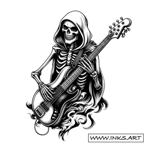 Tattoo Design Skeleton Rocking A Bass Guitar Style Blackwork